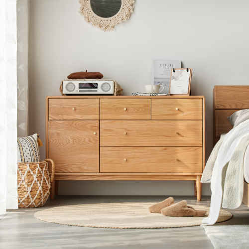 Solidwood Fuji Chest of 6 Drawers, 112x38x74cm, Oak