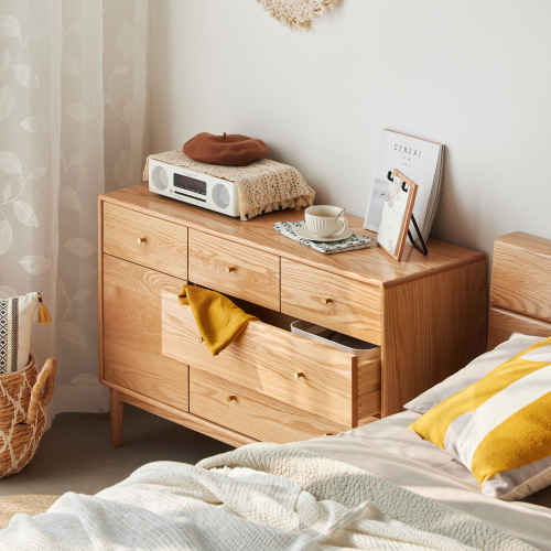 Solidwood Fuji Chest of 6 Drawers, 112x38x74cm, Oak