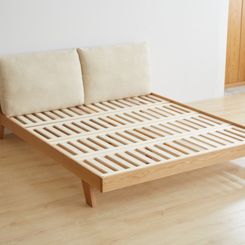 Solidwood Rotterdam Queen Bed Frame with Cushion Headboard, 155x225.5cm, Oak & Beige