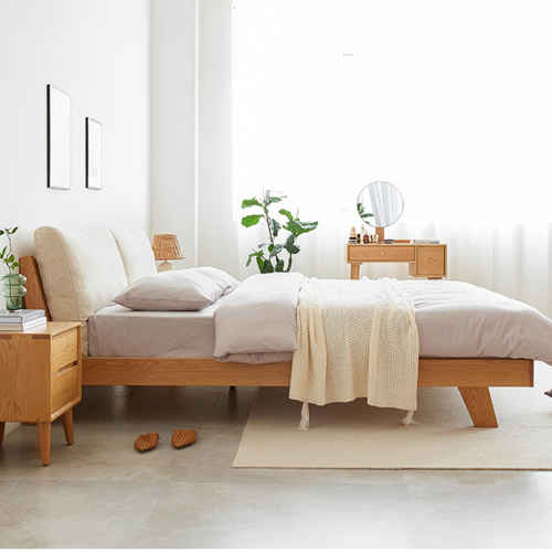 Solidwood Rotterdam Queen Bed Frame with Cushion Headboard, 155x225.5cm, Walnut & Beige