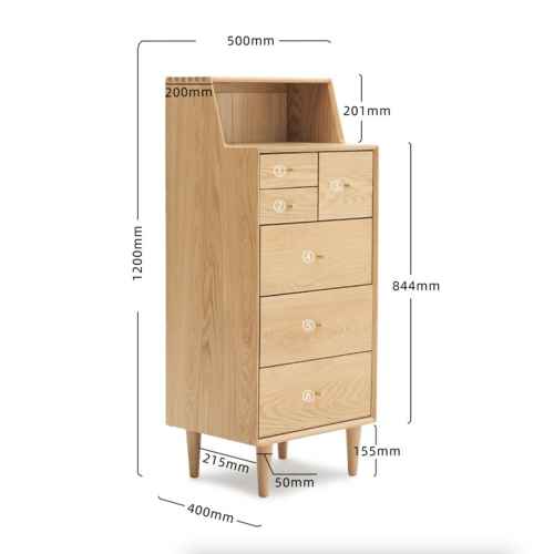 Solidwood Fuji Chest of 6 Drawers, 50x40x120cm, Oak