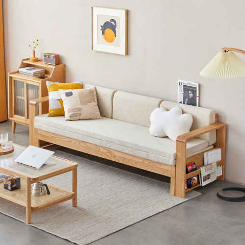 Solidwood Kano 3-Seater Sofa Bed with Armrest, Oak & Grey