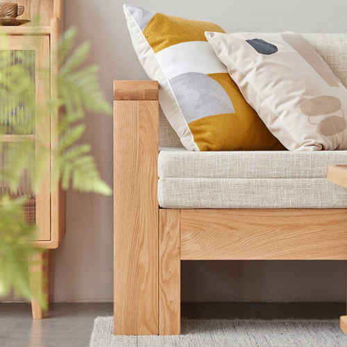 Solidwood Kano 3-Seater Sofa Bed with Armrest, Oak & Beige