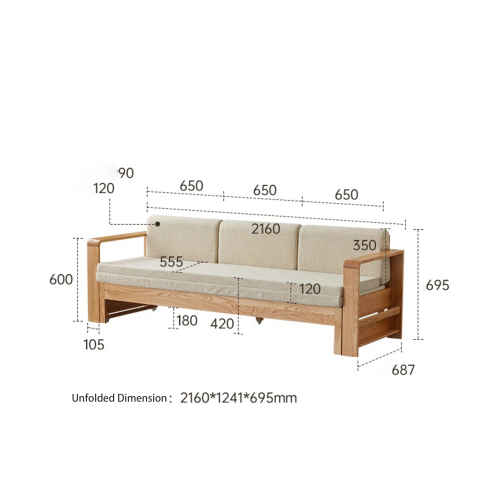 Solidwood Kano 3-Seater Sofa Bed with Armrest, Oak & Beige