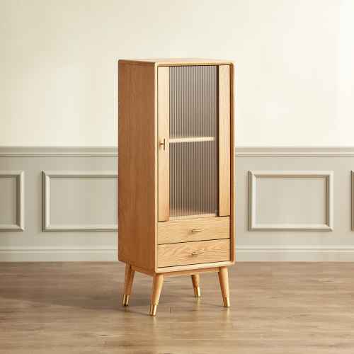 Solidwood Seattle Storage Cabinet with Glass Door, Oak