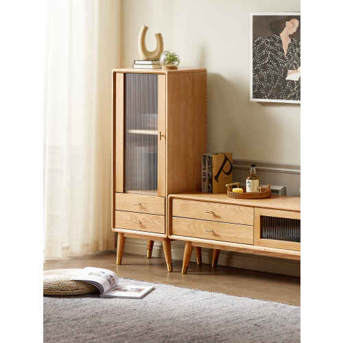 Solidwood Seattle Storage Cabinet with Glass Door, Oak