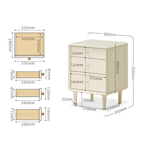 Solidwood Dolce 3-Drawer Bedside Table