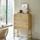 BohoBoho Costa Solid Wood & Rattan Chest of 5 Drawers, Natural, 80x42x129cm