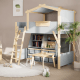 Boori Treehouse Kids King Single Loft Bed + Roof Frame and Ladder with Tent Canopy, Blueberry and Beech