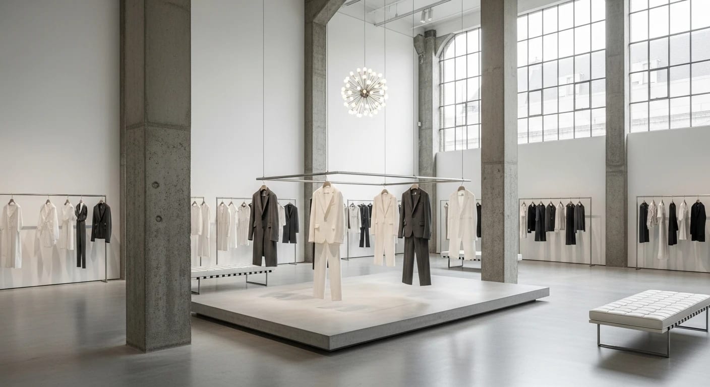Luxury fashion showroom interior with curated clothing displays and industrial details