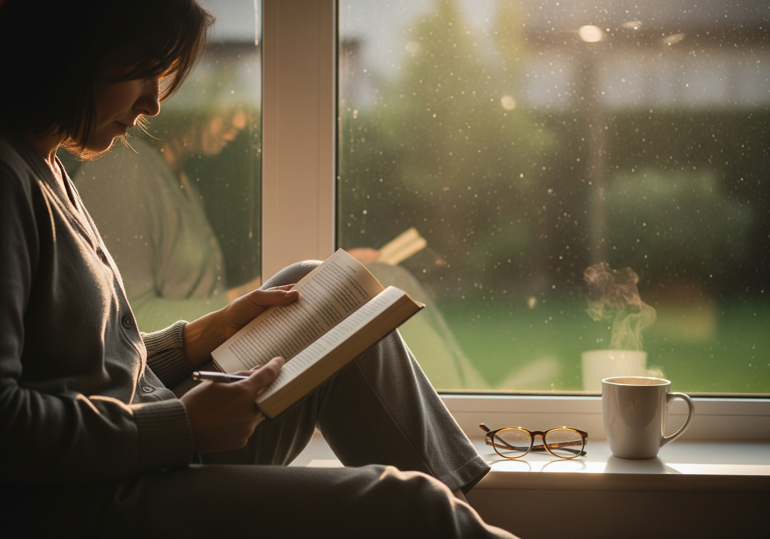 A person reading a Bible by morning light