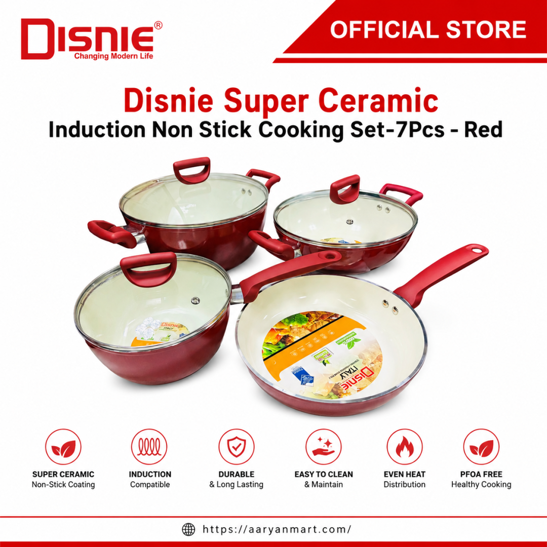 Disnie 7-piece red ceramic induction non-stick cookware set with casserole, milk pan, fry pan, karai and glass lids