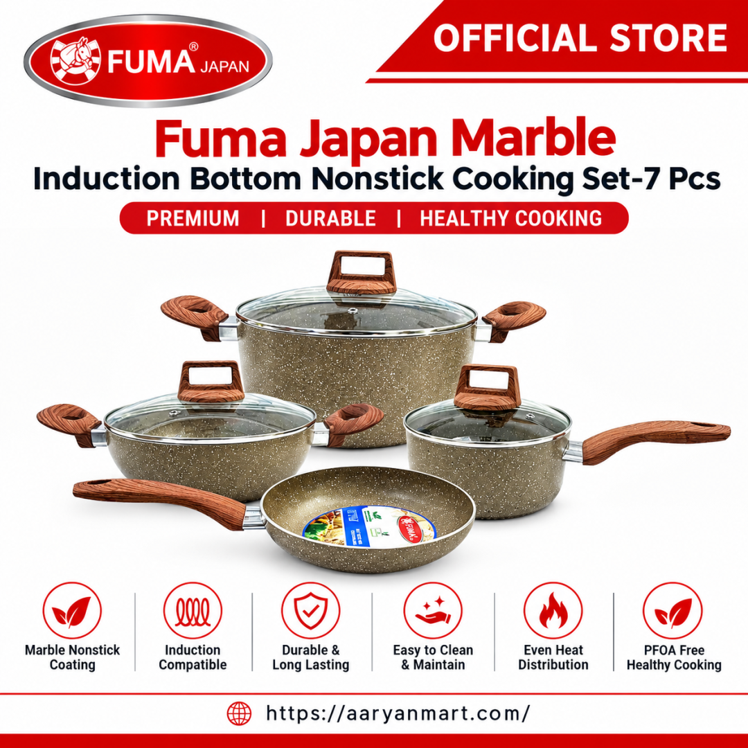 Fuma Japan 7-piece gray marble induction non-stick cookware set with casserole, milk pan, fry pan, karai and glass lids