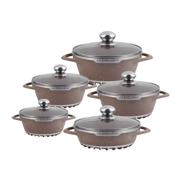 JIO 10-piece granite casserole cookware set with five cooking pots and matching glass lids