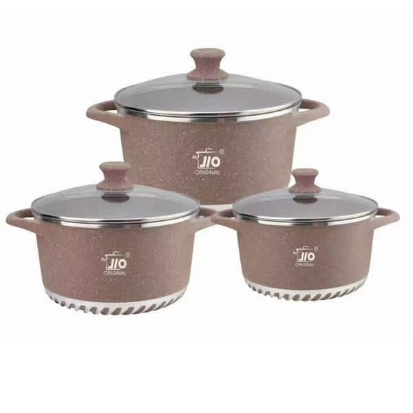 JIO 6-piece marble-coated granite casserole cookware set with 32 cm, 36 cm and 40 cm pots and matching glass lids
