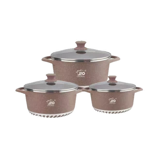 Jio 6-piece marble-coated cookware set with 32 cm, 36 cm and 40 cm casseroles and matching glass lids