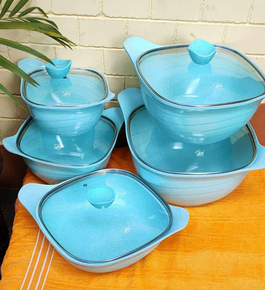 JIO Noka Shape 10-piece blue granite casserole cookware set with five square cooking pots and matching glass lids