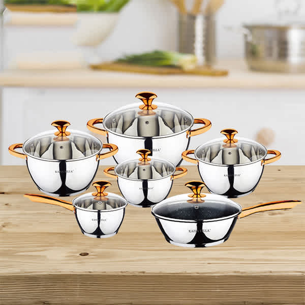 Kaisa Villa KV-6662 12-piece stainless steel induction cookware set with milk pan, casseroles, fry pan and matching glass lids