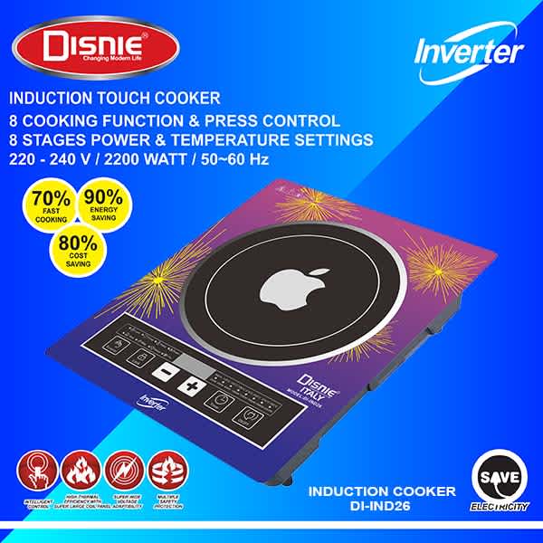 Disnie DI-IND26 2200W energy-saving electric induction stove with touch controls and 8 cooking functions