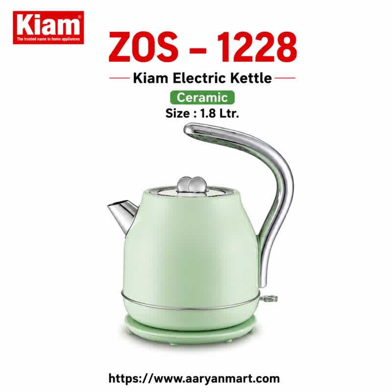 Kiam ZOS-1228 1.8L ceramic electric kettle in light green with curved handle and 360-degree rotational base