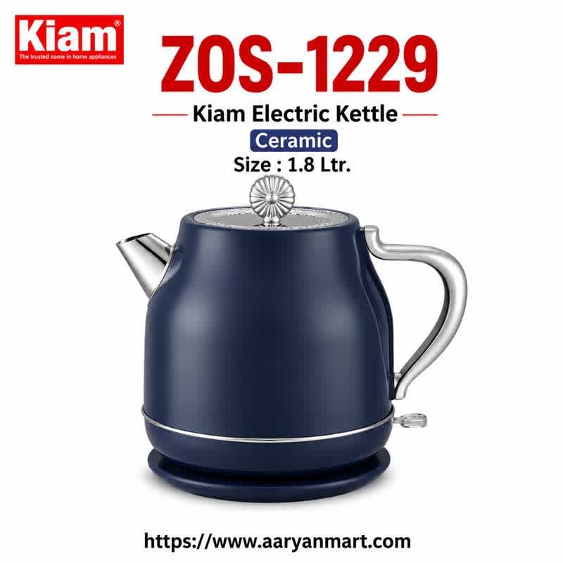 Kiam ZOS-1229 1.8L dark blue ceramic electric kettle with silver handle and cordless rotational base