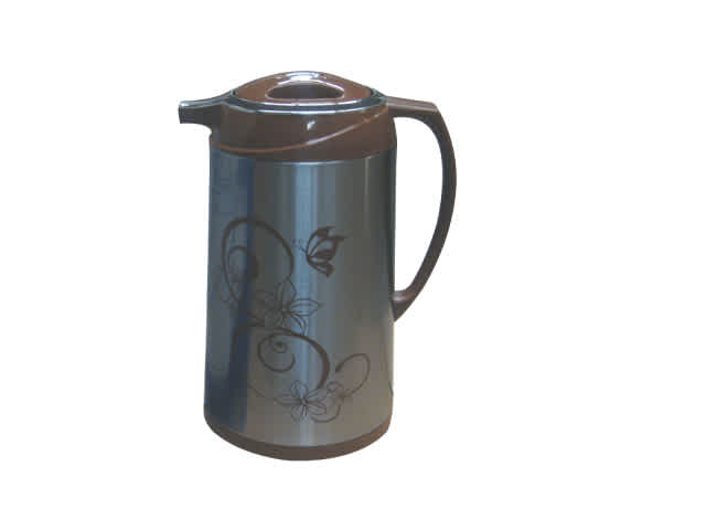 Kiam Flask 2899 B CS 1.3 litre stainless steel vacuum flask with brown lid, handle and floral design