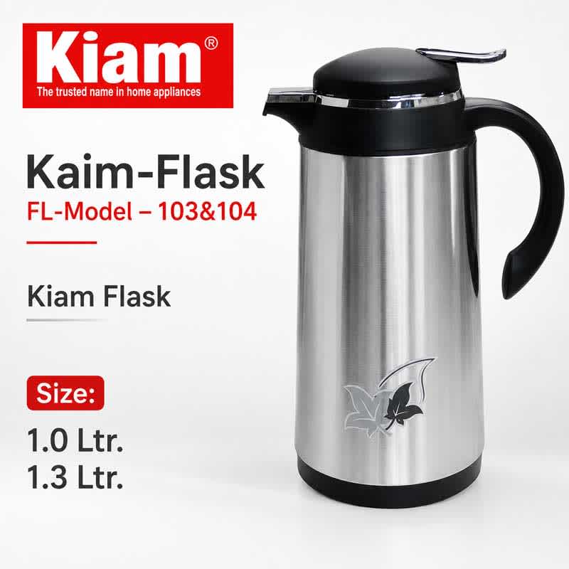 Kiam Flask FL Model 103 and 104 stainless steel vacuum flask with black handle and lid