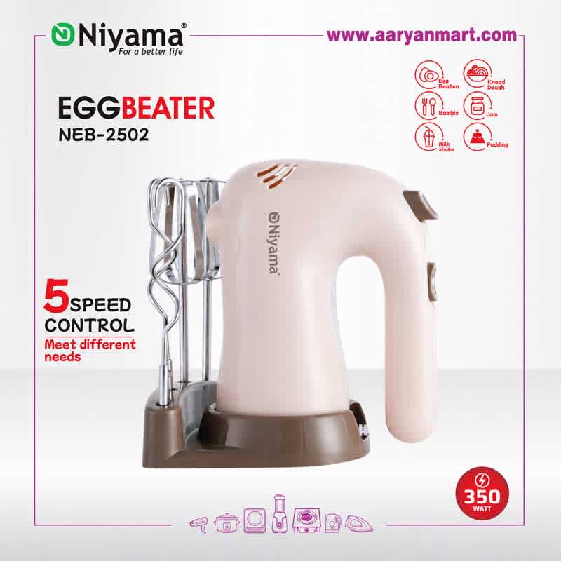 Niyama NEB-2502 350W egg beater hand mixer with 5-speed control, stainless steel beaters, dough hooks and storage stand