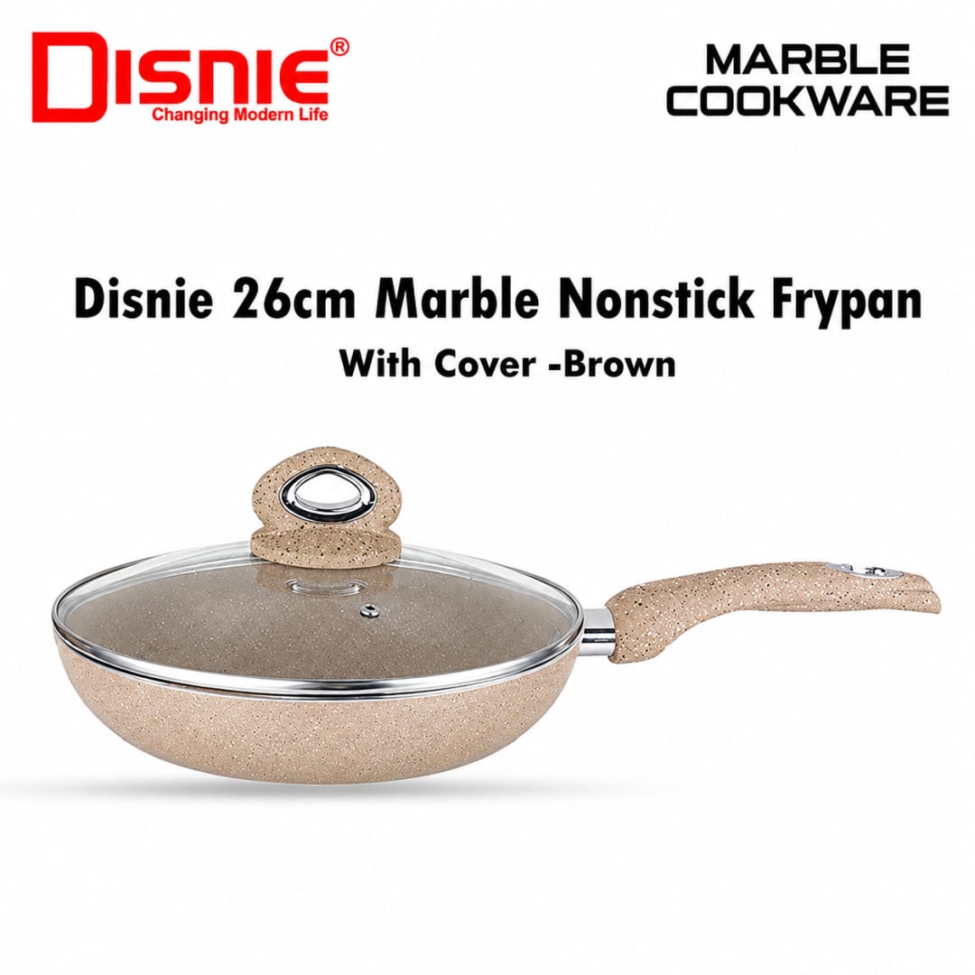 Disnie 28cm brown marble nonstick frypan with glass cover, long handle and induction bottom
