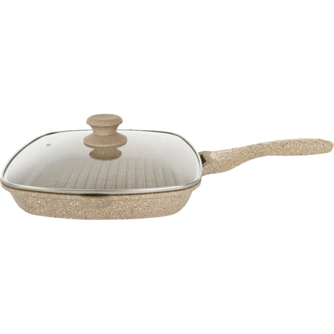 Disnie 28cm marble-colour granite-coated nonstick square grill pan with ridged surface and glass cover