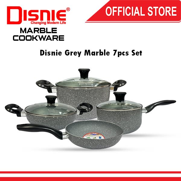 Disnie Gray Marble Spiral Bottom 7 Pcs non-stick cooking set with casserole, milk pan, fry pan, karai and glass lids