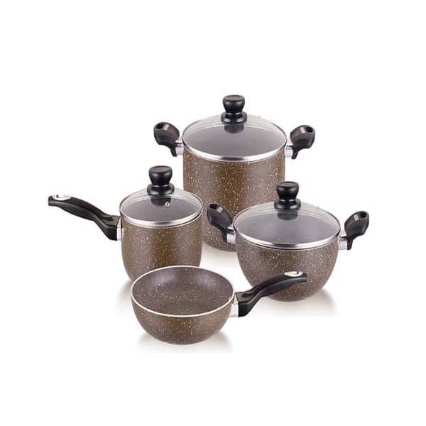 Disnie 7-piece marble-coated induction bottom non-stick cookware set with casserole, milk pan, fry pan, karai and glass lids