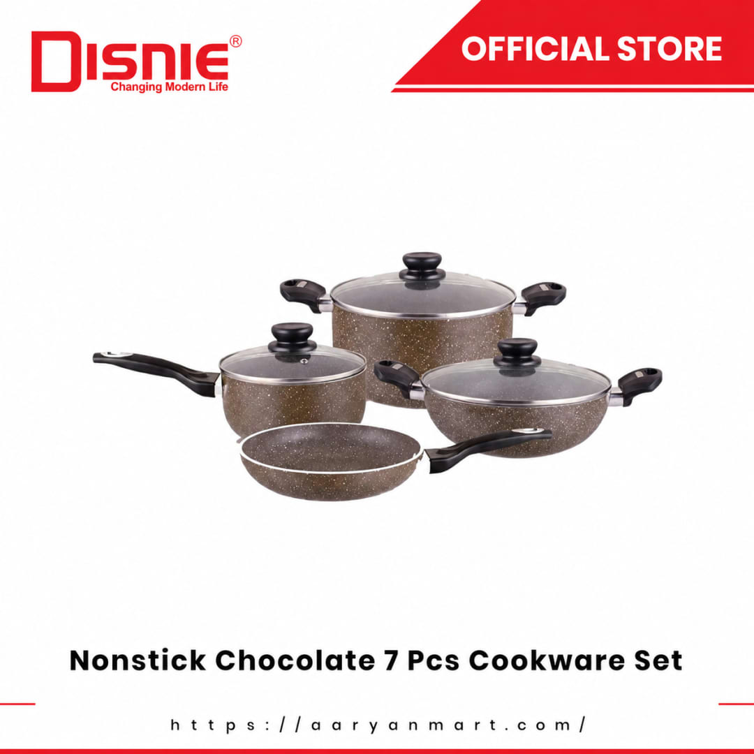 Disnie chocolate 7-piece marble-coated induction bottom non-stick cookware set with casserole, milk pan, fry pan, karai and glass lids