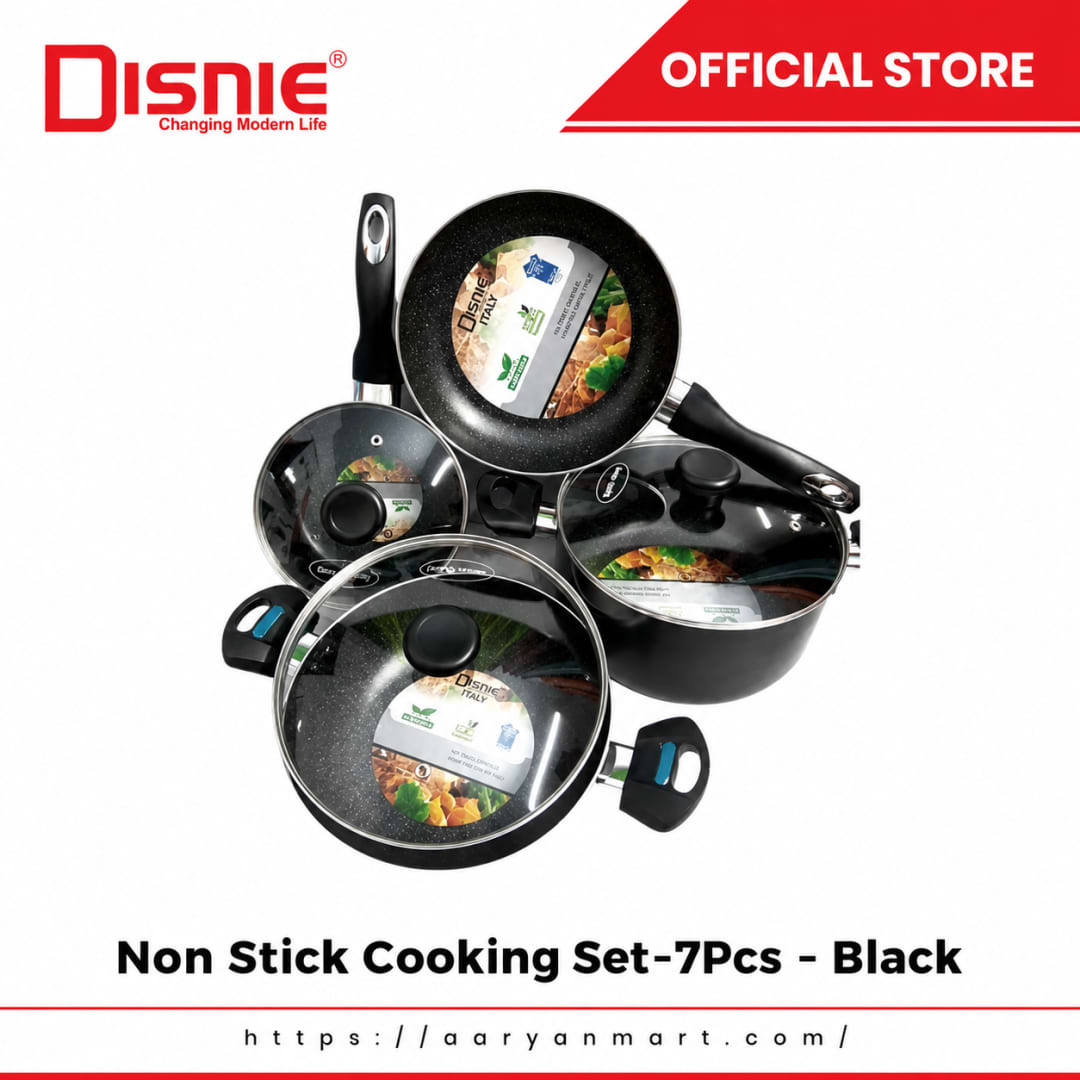 Disnie black marble induction bottom 7-piece non-stick cooking set with casserole, milk pan, fry pan, karai and glass lids