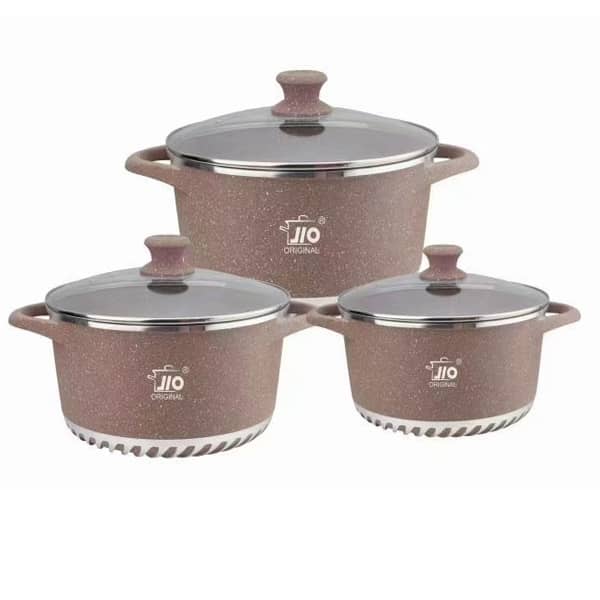 JIO 6-piece marble-coated granite casserole cookware set with 32 cm, 36 cm and 40 cm pots and matching glass lids