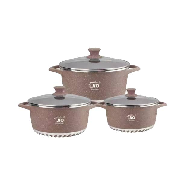 Jio 6-piece marble-coated cookware set with 32 cm, 36 cm and 40 cm casseroles and matching glass lids