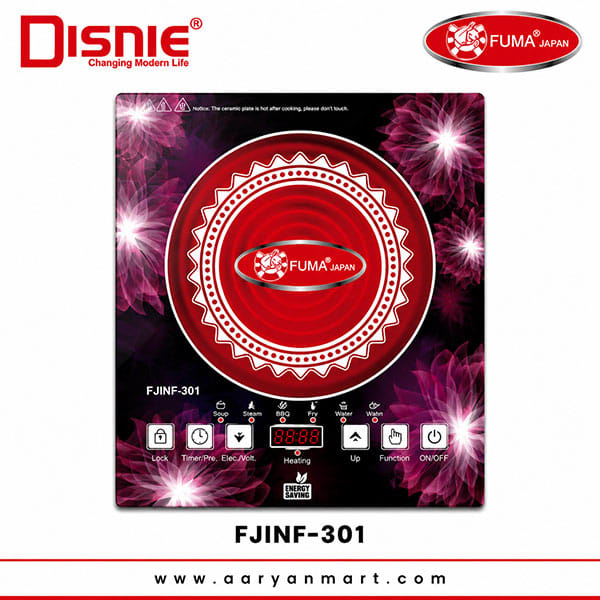 Fuma Japan FJ-INF-301 2200W energy-saving electric infrared stove with touch controls, LED display and floral crystal cooking surface