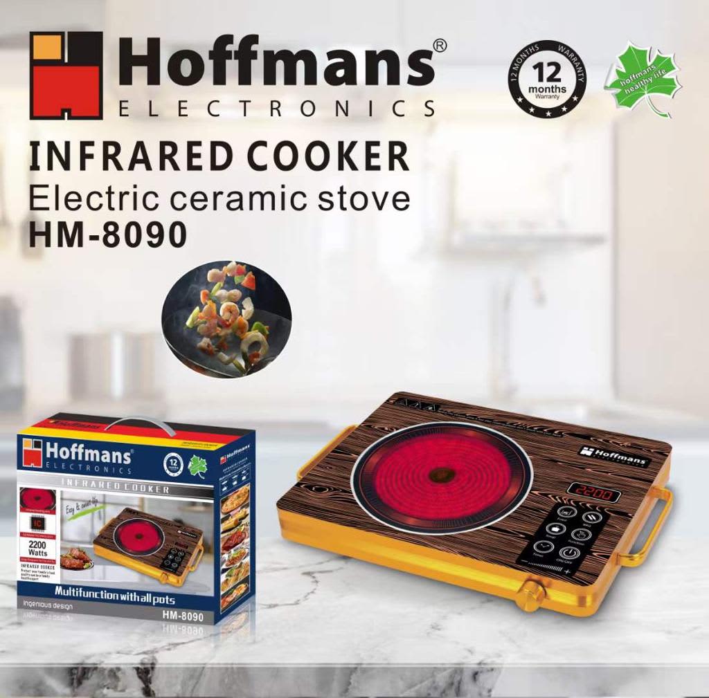 Hoffmans HM-8090 2200W infrared cooker with digital controls, ceramic heating plate and wood-patterned portable body