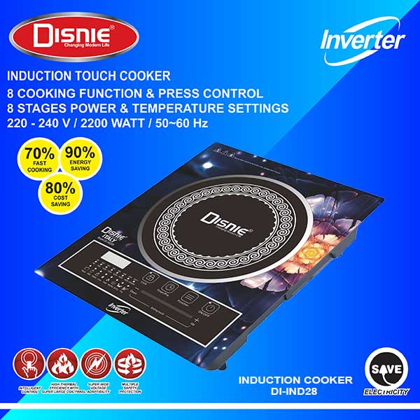 Disnie DI-IND28 2200W energy-saving electric induction stove with 8 cooking functions and press-control panel