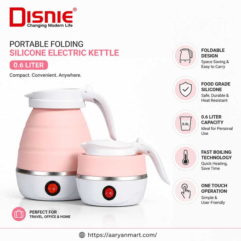 Blue and white portable folding travelling silicone electric kettle with 0.6L capacity and detachable power cord