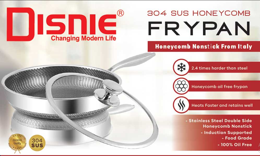 Disnie 26cm SUS 316 Honeycomb Frypan with tempered glass lid, premium stainless steel induction-compatible nonstick frypan for healthy cooking.