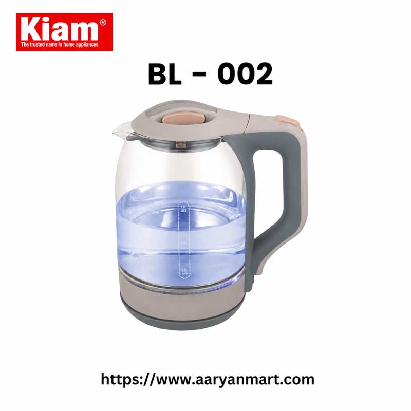 Kiam BL-002 1.8-litre borosilicate glass electric kettle with blue LED indicator