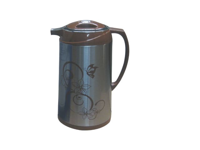 Kiam Flask 2899 B CS 1.3 litre stainless steel vacuum flask with brown lid, handle and floral design