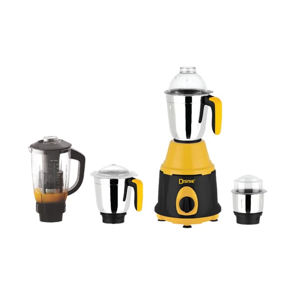 Yellow and black Disnie Bullet 1000W mixer grinder with three stainless steel jars and one juice jar