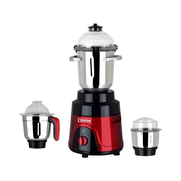 Red and black Disnie Hotel King 1250W mixer grinder with three stainless steel jars