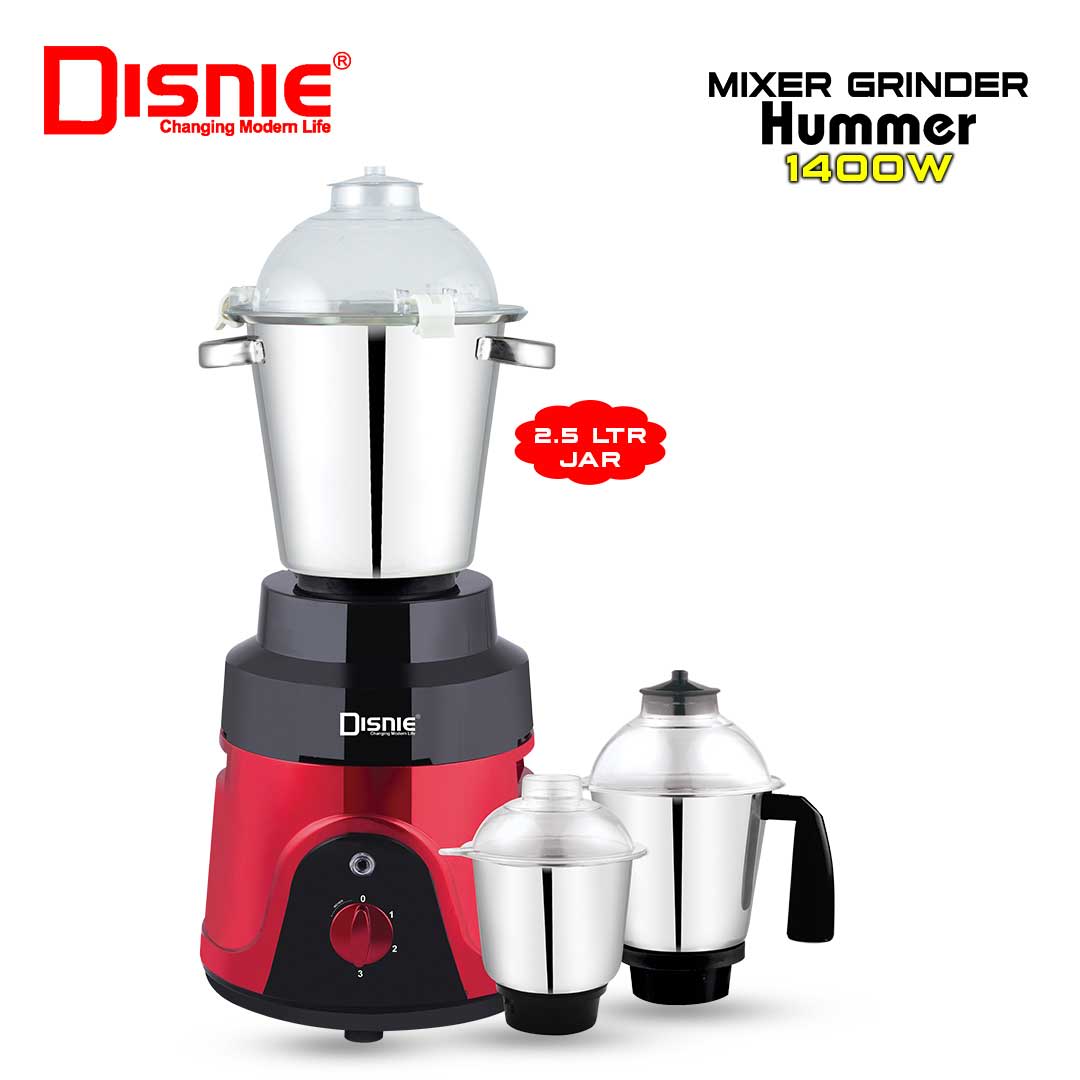 Red and black Disnie Hummer 1400W mixer grinder with three stainless steel jars and a 2.5-litre big jar