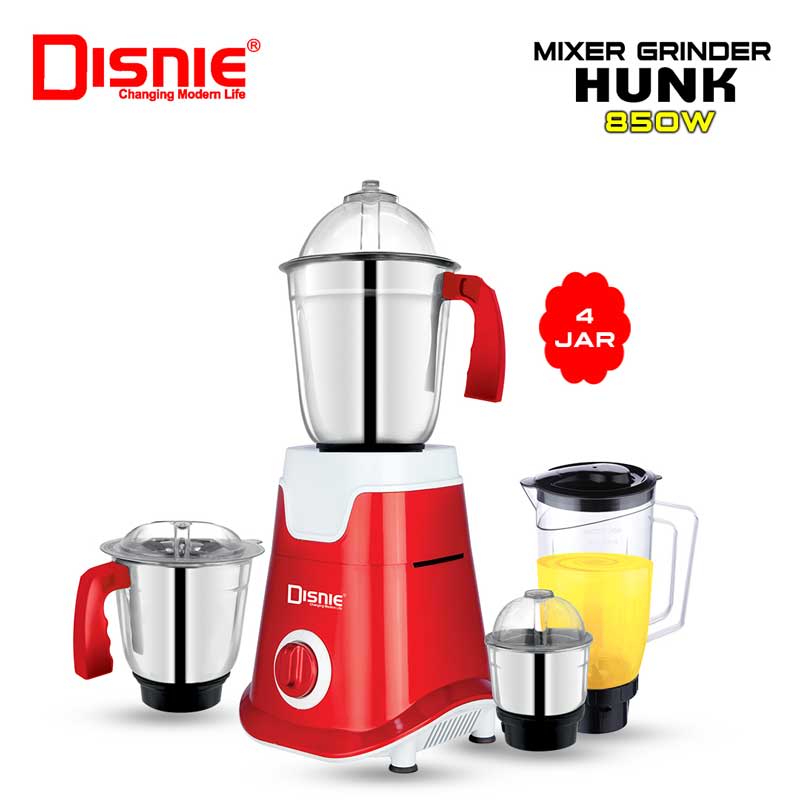 Red Disnie Hunk 850W mixer grinder with three stainless steel jars and one transparent juice jar