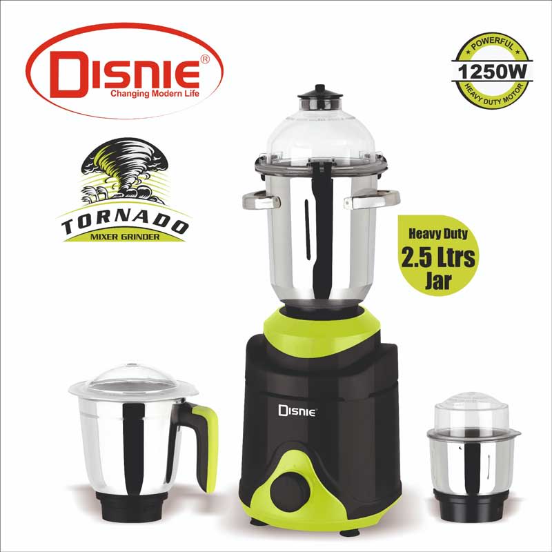 Disnie Tornado 1250W mixer grinder and blender with three stainless steel jars and a heavy-duty 2.5-litre jar