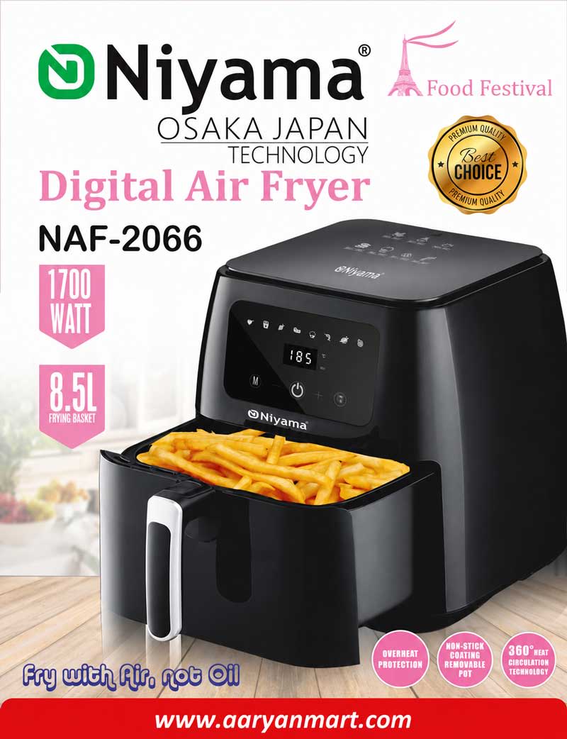 Niyama NAF-2066 Digital Air Fryer with 8.5L basket, 1700W power, digital touch controls, 8 cooking presets, and 360° heat circulation.