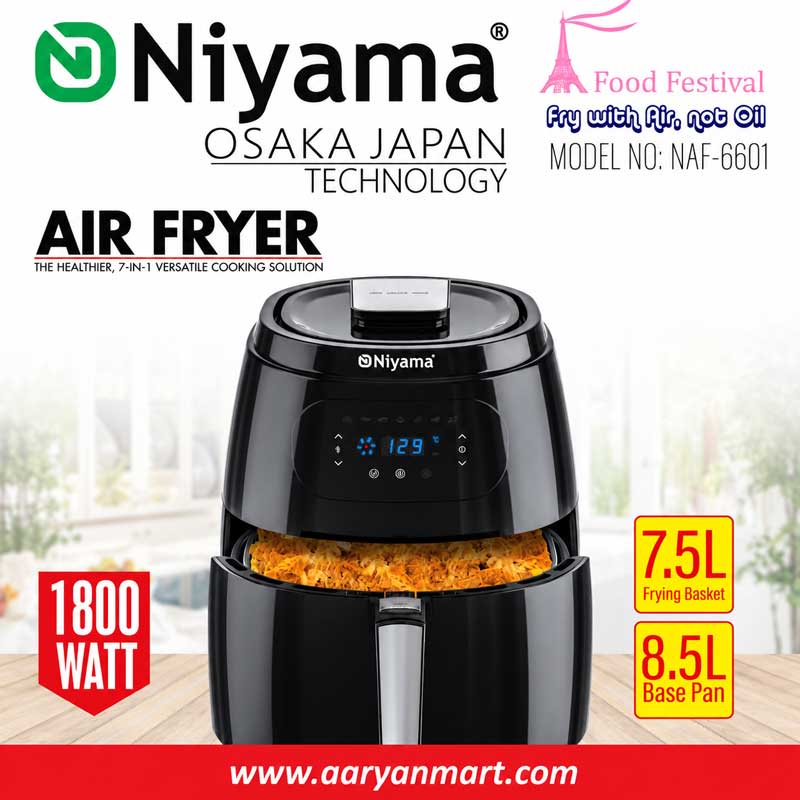 Niyama NAF-6601 black air fryer with 1800W power and 7.5L frying basket